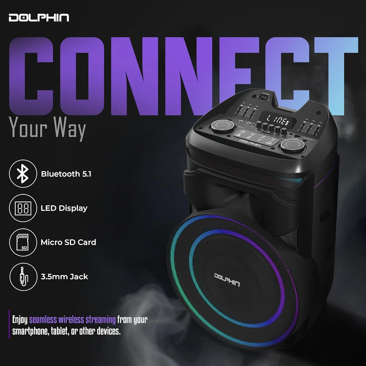 اسپیکر مهمانی بلوتوثی قابل حمل دلفین NightWave 1800: ووفر قدرتمند 18 اینچی، نورهای LED، WaveSync™، X-Bass، باتری قابل شارژ، بلوتوث 5.1، ارتفاع 21 اینچ - ایده آل برای مهمانی ها - تصویر 3