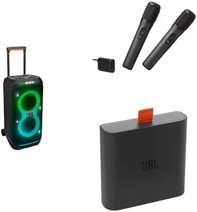 اسپیکر مهمانی قابل حمل JBL PartyBox Stage 320 با دسته تلسکوپی + میکروفون بی سیم - 2 عدد میکروفون بی سیم دیجیتال + باتری اضافی