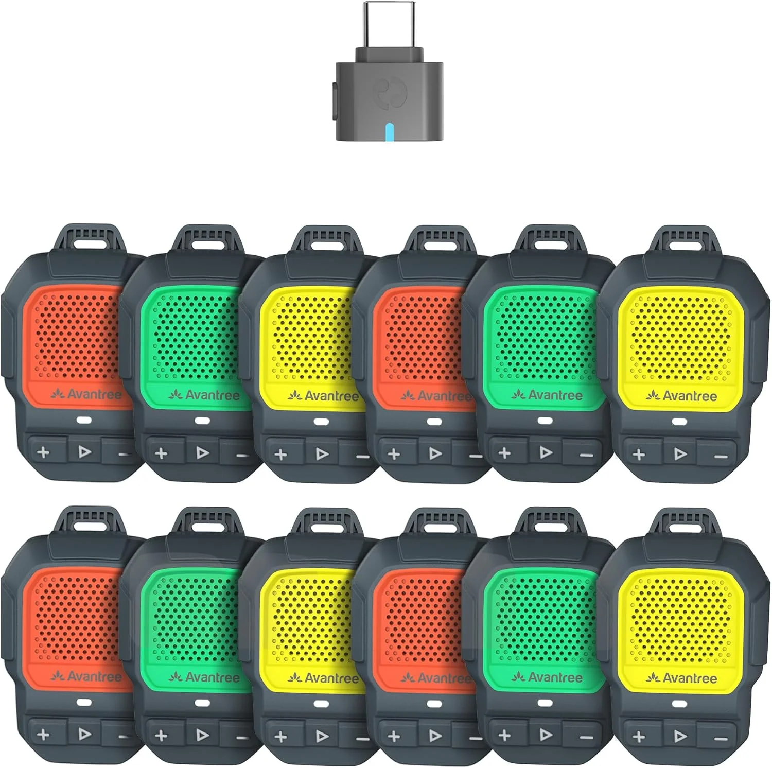 بسته سیستم بلندگوی پوشیدنی Auracast مدل Avantree HomeBuddy Trio + HomeBuddy، بسته 12 عددی با فرستنده USB-C، بلوتوث، گیره دار، ضد آب IP67، برای استفاده گروهی و شخصی در داخل و خارج از منزل