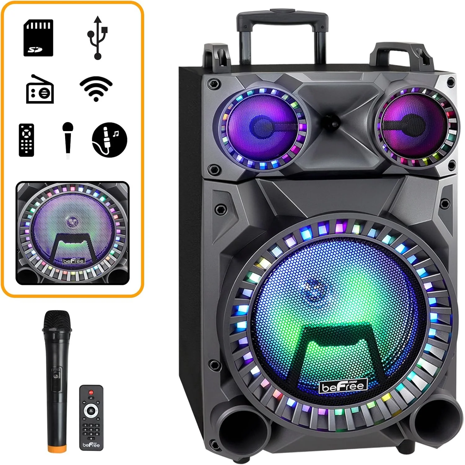 اسپیکر مهمانی قابل حمل بلوتوثی 12 اینچی قابل شارژ beFree Sound با چراغ های مهمانی، رادیو FM و ورودی های USB/TF