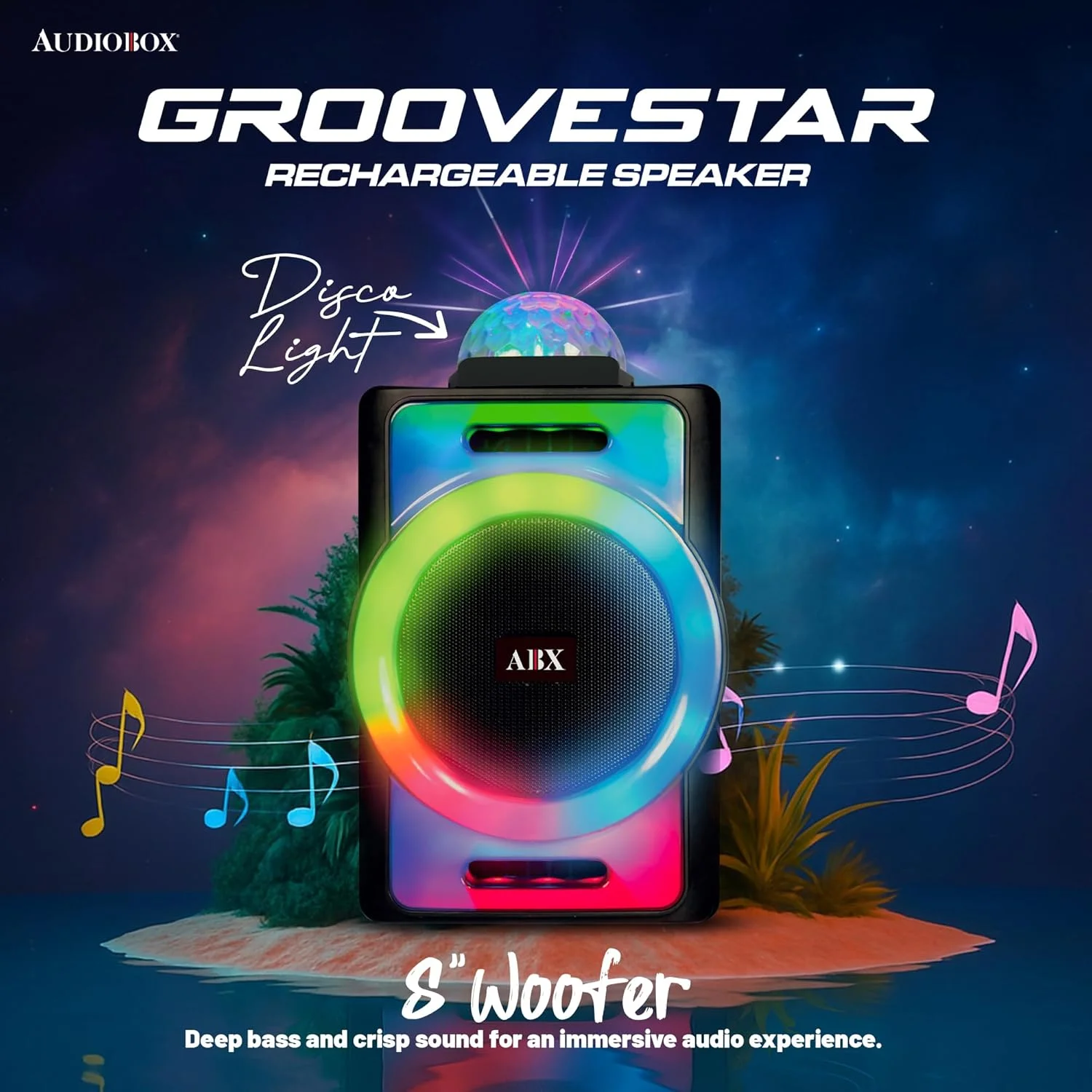 اسپیکر بلوتوثی قابل حمل مهمانی AudioBox ABX-890R با نورپردازی دیسکو LED 360 درجه، میکروفون سیمی، USB، AUX و فناوری WaveSync (TWS) - تصویر 2 اسپیکر بلوتوثی قابل حمل مهمانی AudioBox ABX-890R با نورپردازی دیسکو LED 360 درجه، میکروفون سیمی، USB، AUX و فناوری WaveSync (TWS) - تصویر 2
