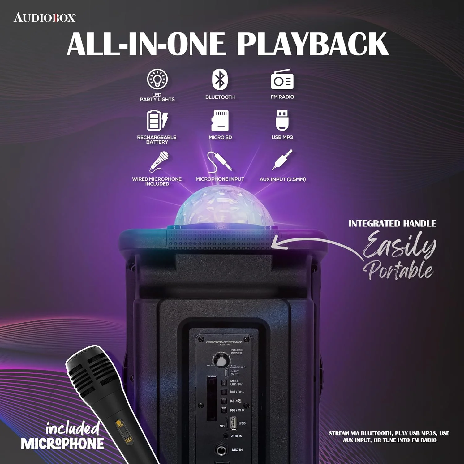 اسپیکر بلوتوثی قابل حمل مهمانی AudioBox ABX-890R با نورپردازی دیسکو LED 360 درجه، میکروفون سیمی، USB، AUX و فناوری WaveSync (TWS) - تصویر 3 اسپیکر بلوتوثی قابل حمل مهمانی AudioBox ABX-890R با نورپردازی دیسکو LED 360 درجه، میکروفون سیمی، USB، AUX و فناوری WaveSync (TWS) - تصویر 3