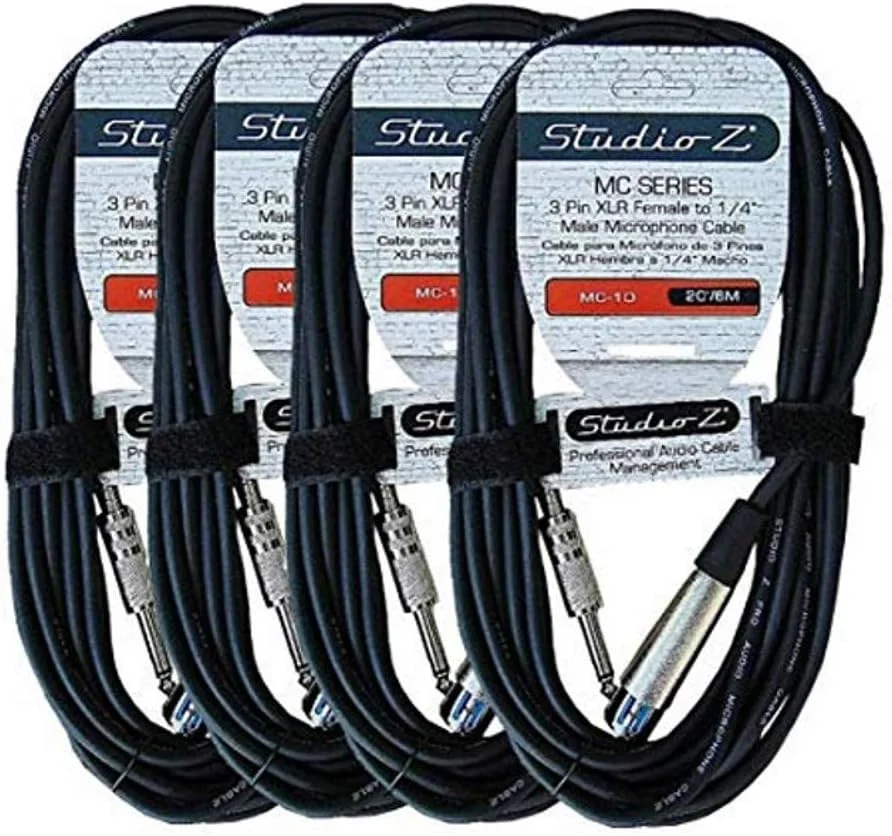 کابل میکروفون استودیو Z، 6 متر، XLR مادگی به TS نری 6.35 میلی‌متری مونو 3 پین، کابل میکروفون انعطاف‌پذیر سیم اتصال نامتعادل برای صدای پویا، ساخته شده برای دوام (بسته 4 عددی)