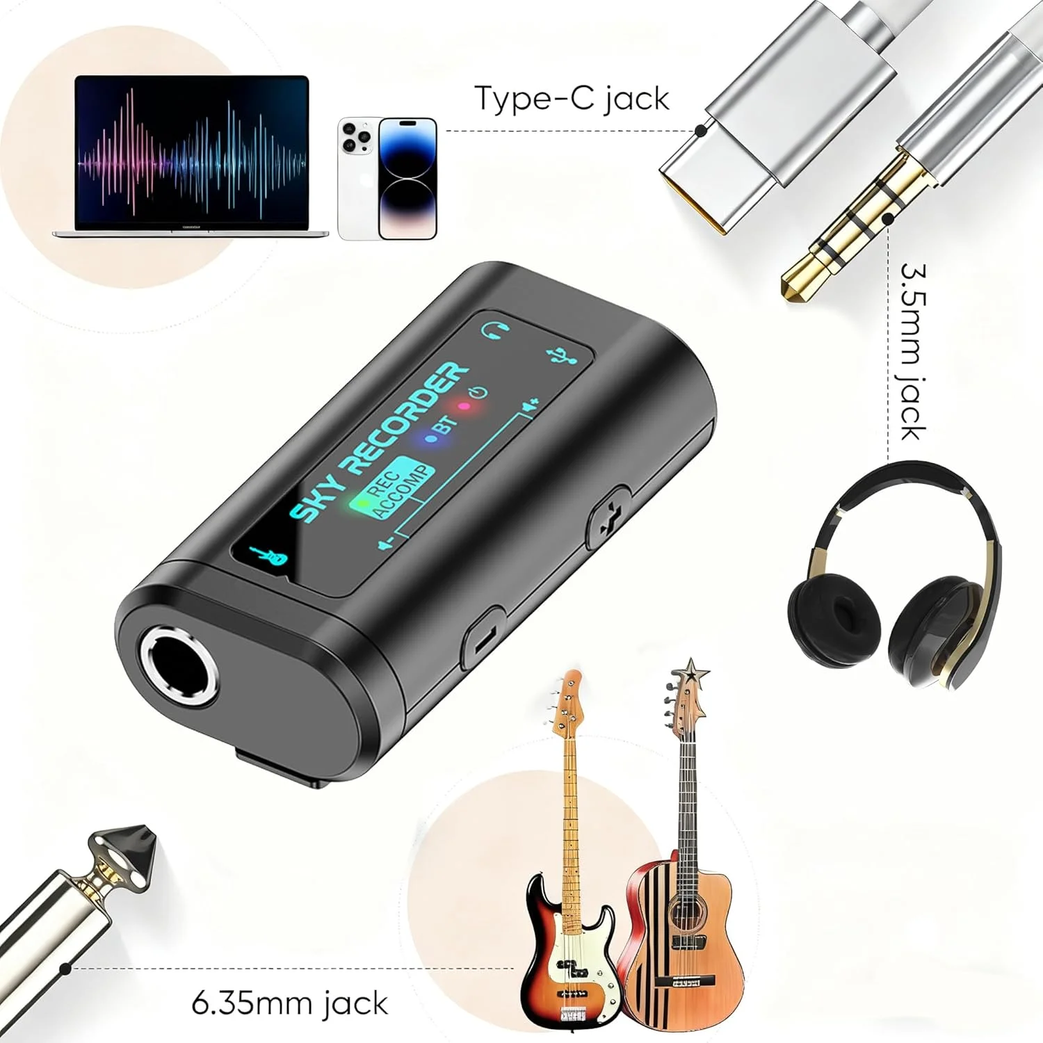 کارت صدای ضبط داخلی جیبی رابط صوتی گیتار با Type-C و Lightning برای پخش زنده توسط پد، تلفن، اندروید، کامپیوتر و لپ تاپ، کارت صدای ضبط قابل حمل