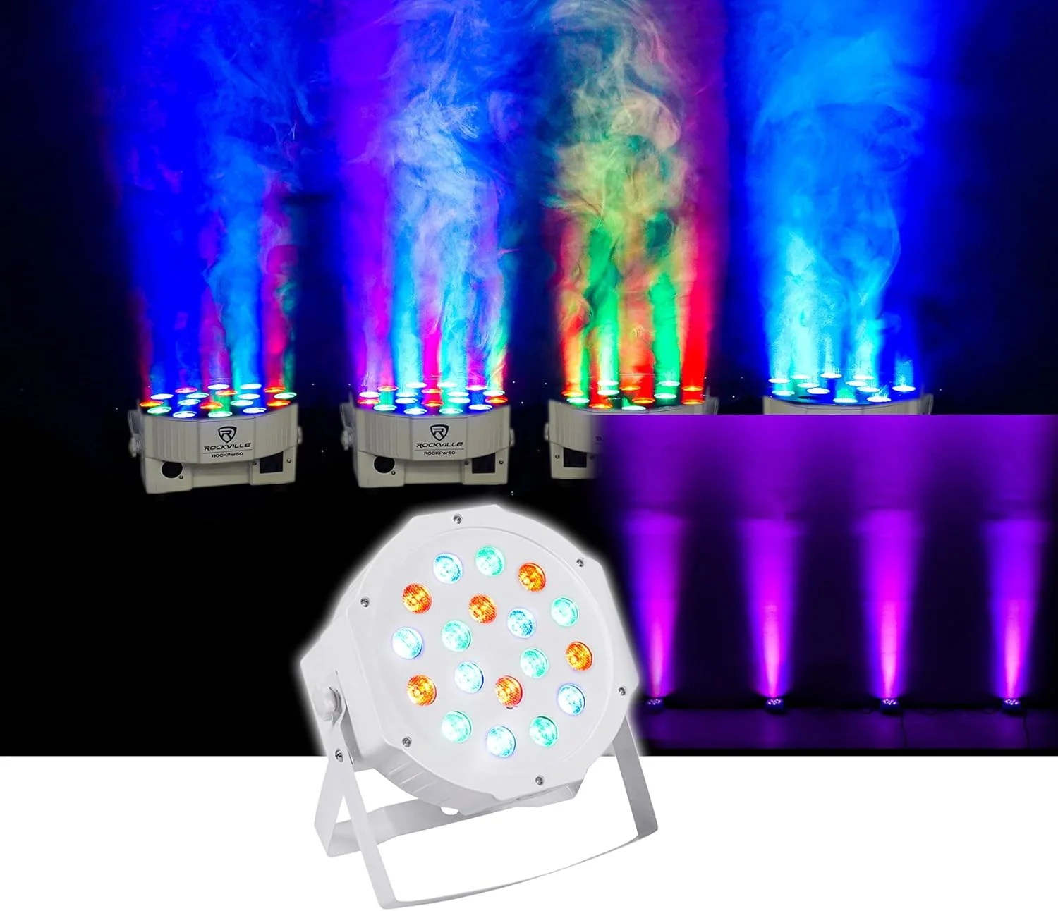 چراغ شوی LED RGB مدل Rockville RockPAR50، مناسب دی‌جی، کلوپ، استیج، کنترل DMX، قابلیت اتصال زنجیره‌ای برق، فعال‌سازی صوتی، برای مهمانی‌ها، عروسی‌ها و اجراهای زنده