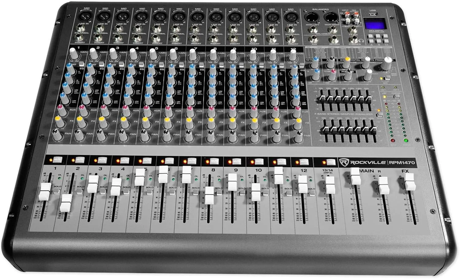 میکسر پاور دار 14 کاناله Rockville RPM1470 با توان پیک 6000 وات، 750 وات RMS در 4 اهم، USB/Bluetooth، افکت های 24 بیتی، 14 پری امپ میکروفون XDR2، برای رویدادهای زنده/گروه های کلیسا
