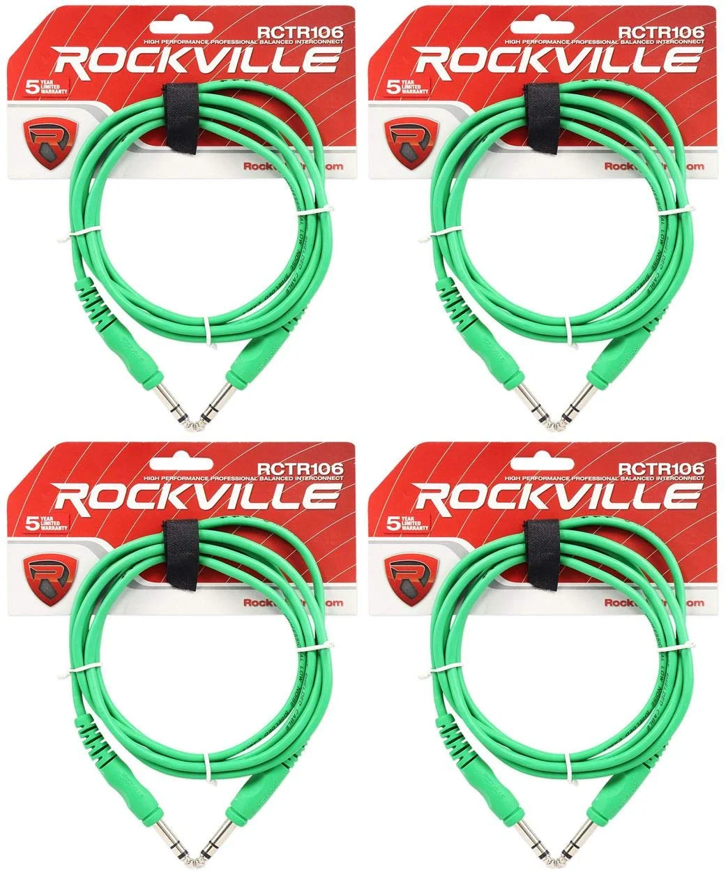 کابل صوتی Rockville RCTR106G 1.8 متری TRS به TRS، 100% مس، سبز، روکش PVC بادوام، نویز کم، وضوح سیگنال بالا، برای ضبط استودیویی و صدای زنده، 4 عددی