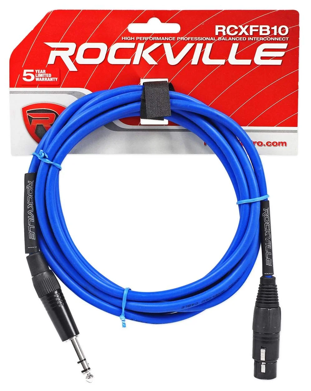 کابل 3 متری XLR ماده REAN به TRS 1/4 اینچی Rockville RCXFB10BL، روکش نیکل مشکی، 100% مس، 24 AWG، شیلد OFC 90%، روکش PVC آبی، مناسب استودیو و اجرای زنده