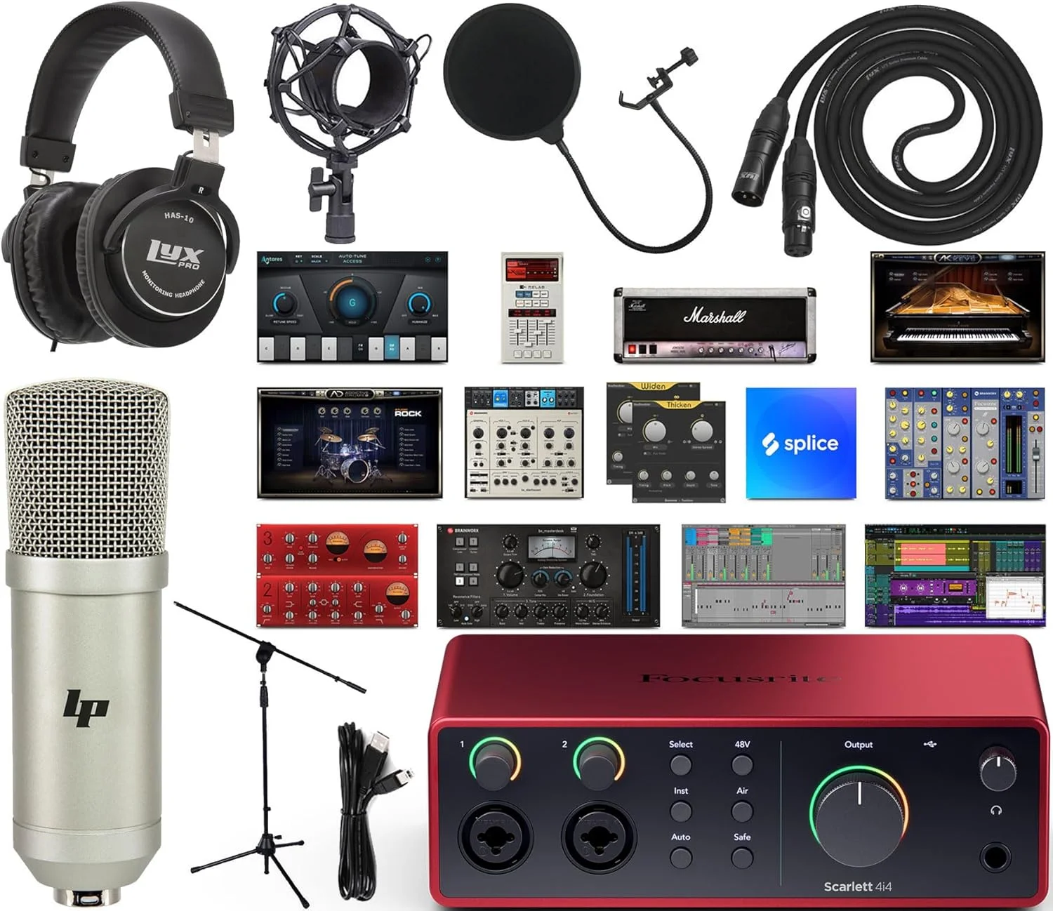 کارت صدا و MIDI فوکوسرایت Scarlett 4i4 USB-C (نسل چهارم) بسته کامل استودیویی رابط صوتی USB 2x2 به همراه کیت نرم افزاری انحصاری تولید موسیقی خلاقانه