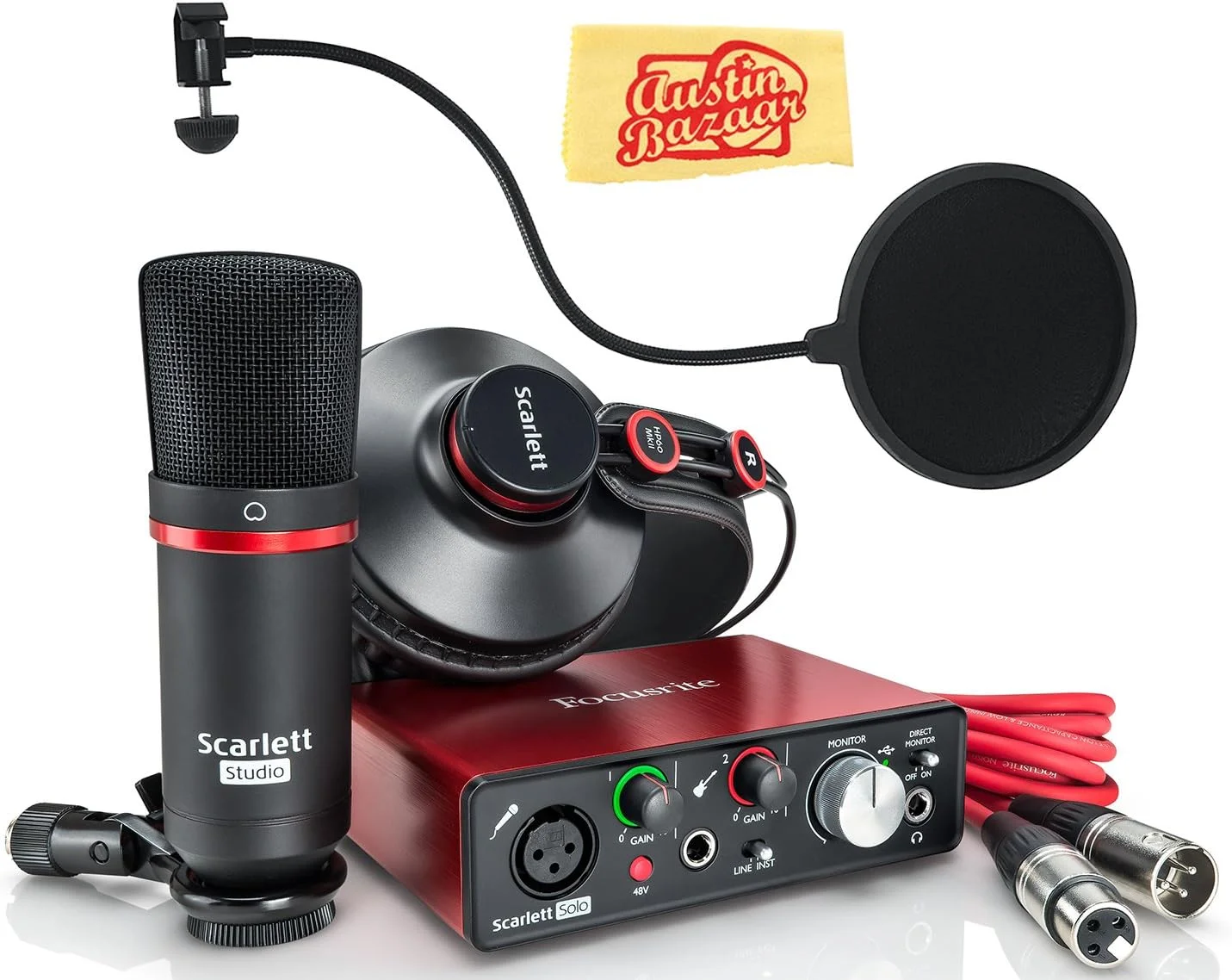 بسته استودیویی کارت صدای USB Focusrite Scarlett Solo به همراه پاپ فیلتر، کابل XLR و پارچه پولیش