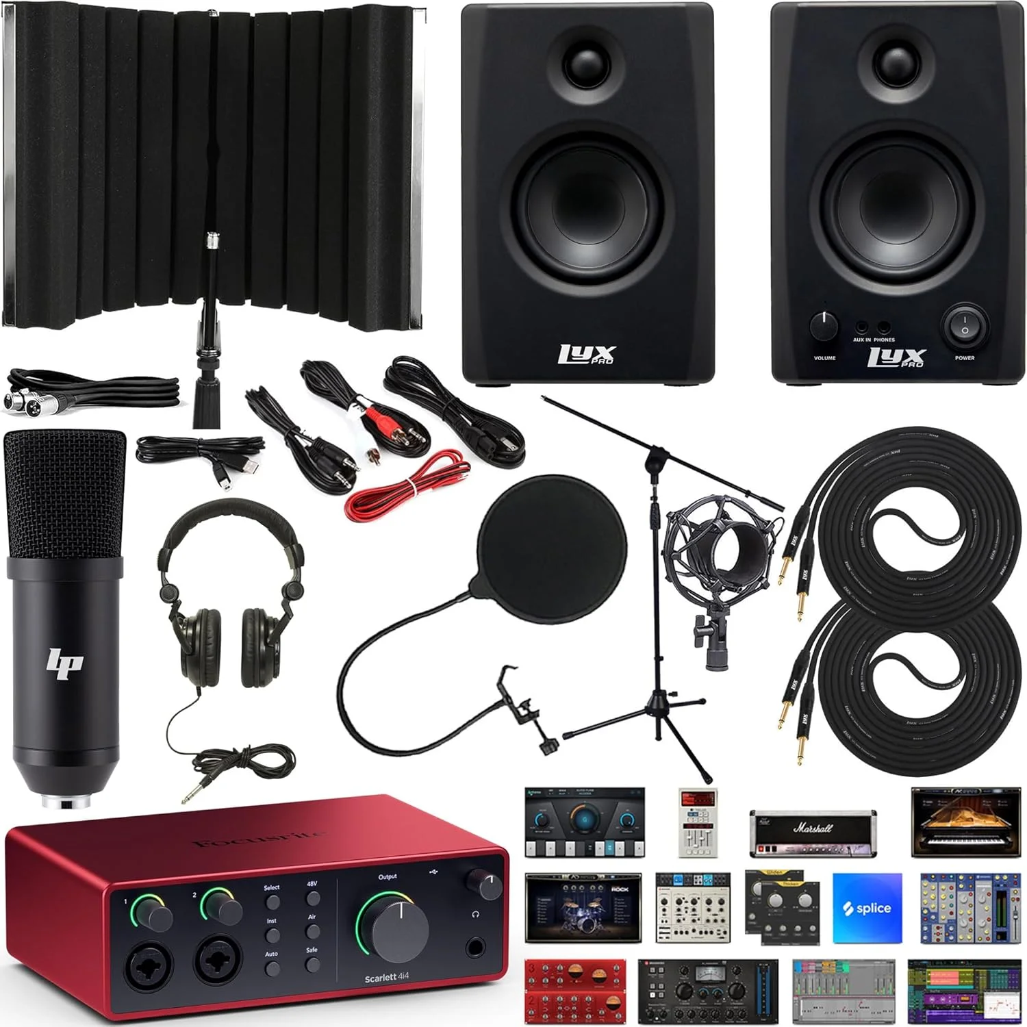 باندل کامل استودیویی کارت صدای USB فوکوسرایت Scarlett 4i4 4x4 به همراه دانلود نرم‌افزار تولید موسیقی خلاقانه به همراه مانیتورهای استودیویی بلوتوثی LyxPro 3.5BT 50W و شیلد ایزوله ضبط صدا