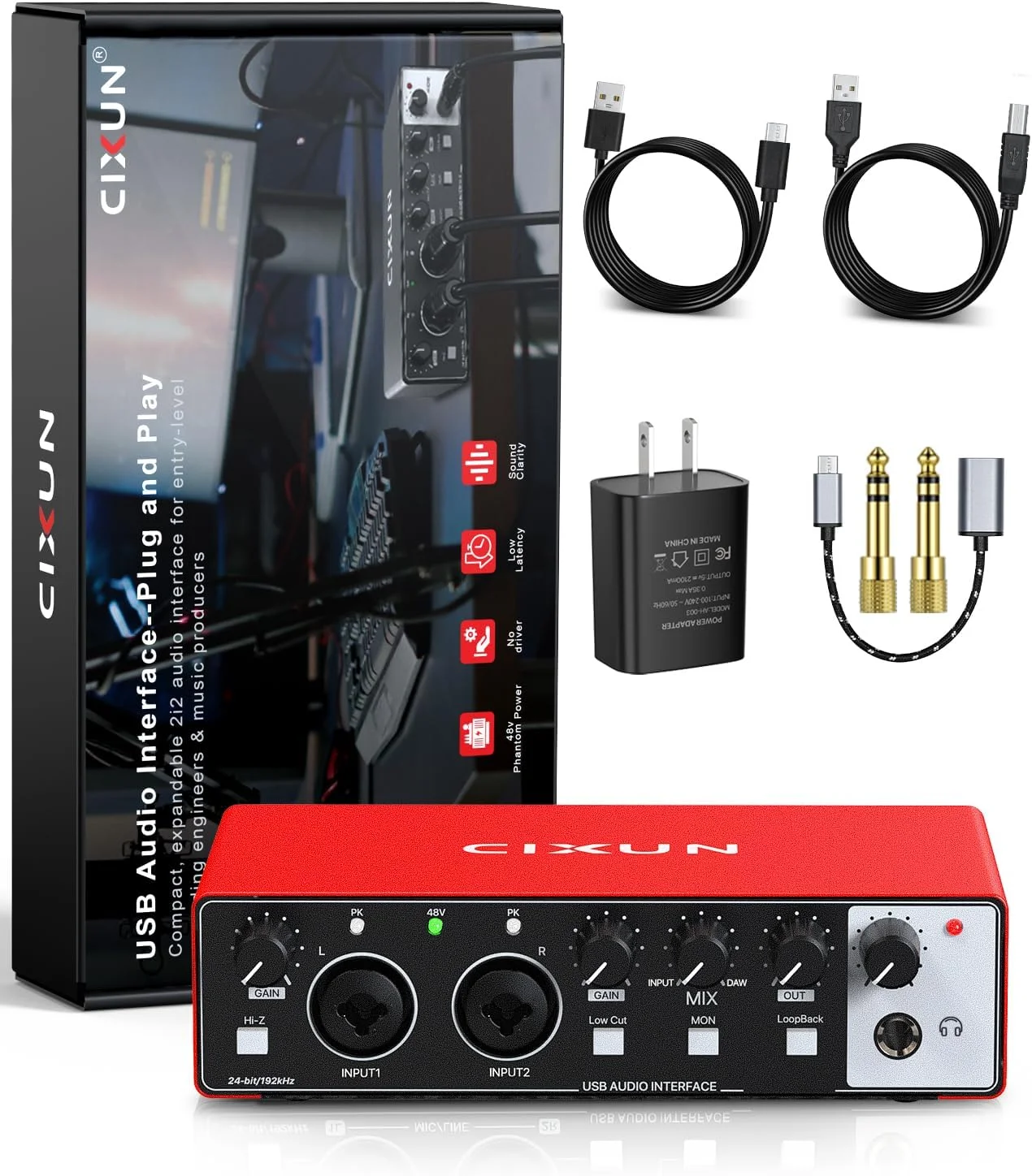 کارت صدای USB-C 2i2 برای ضبط صدا در کامپیوتر/مک، 24 بیت/192 کیلوهرتز، ورودی های دوگانه TS/XLR، فانتوم پاور 48+ ولت، مناسب استودیو/پادکست/استریم (اسکارلت)