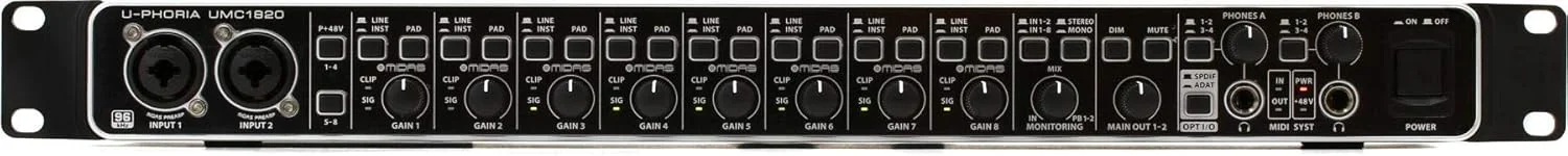 اینترفیس صوتی/میدی USB بیرینگر UMC1820 با 18 ورودی/20 خروجی، پری امپ های میکروفون Midas و ورودی/خروجی ADAT | برای ضبط میکروفون و ساز
