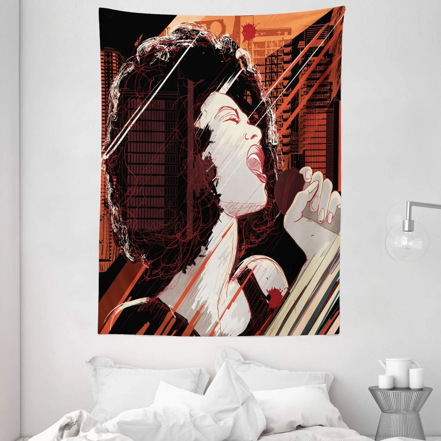 پرده دیوارکوب آمبسون، تصویرسازی موسیقیایی از خواننده جاز در پس زمینه طرح دار، آویز دیواری برای دکور اتاق خواب، اتاق نشیمن، خوابگاه، 152 در 203 سانتی متر، مشکی قرمز