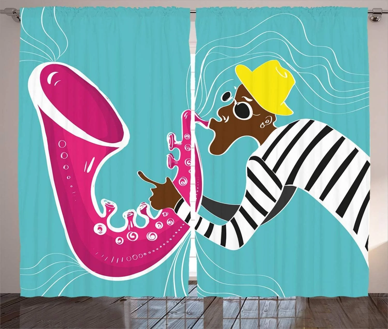 پرده های وینتیج Ambesonne، طرح هنری نوازنده جاز هیپی با ساکسیفون و ترومپت، مناسب اتاق نشیمن و اتاق خواب، ست دو پنلی، 274 X 274 سانتی متر، صورتی آبی