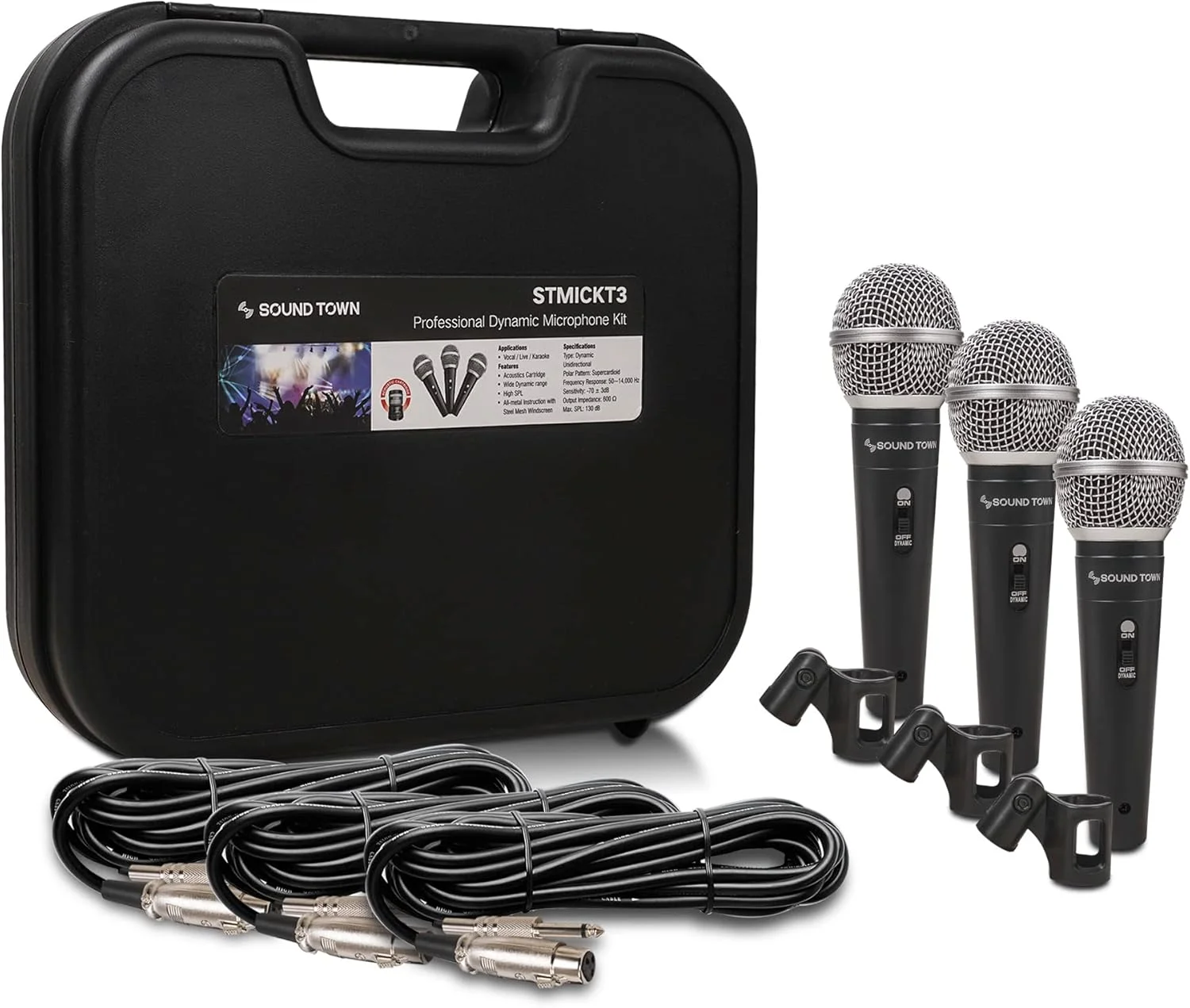 ست میکروفون داینامیک دستی حرفه ای 3 تکه Sound Town با کیف حمل، گیره میکروفون، کابل های صوتی XLR به 1/4 اینچ 26 فوتی (STMICKT3)