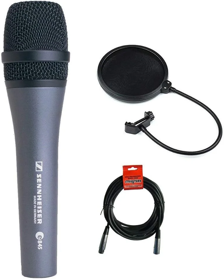 میکروفون دستی داینامیک سوپر کاردیوئید Sennheiser E845 به همراه کابل XLR-XLR و پاپ فیلتر