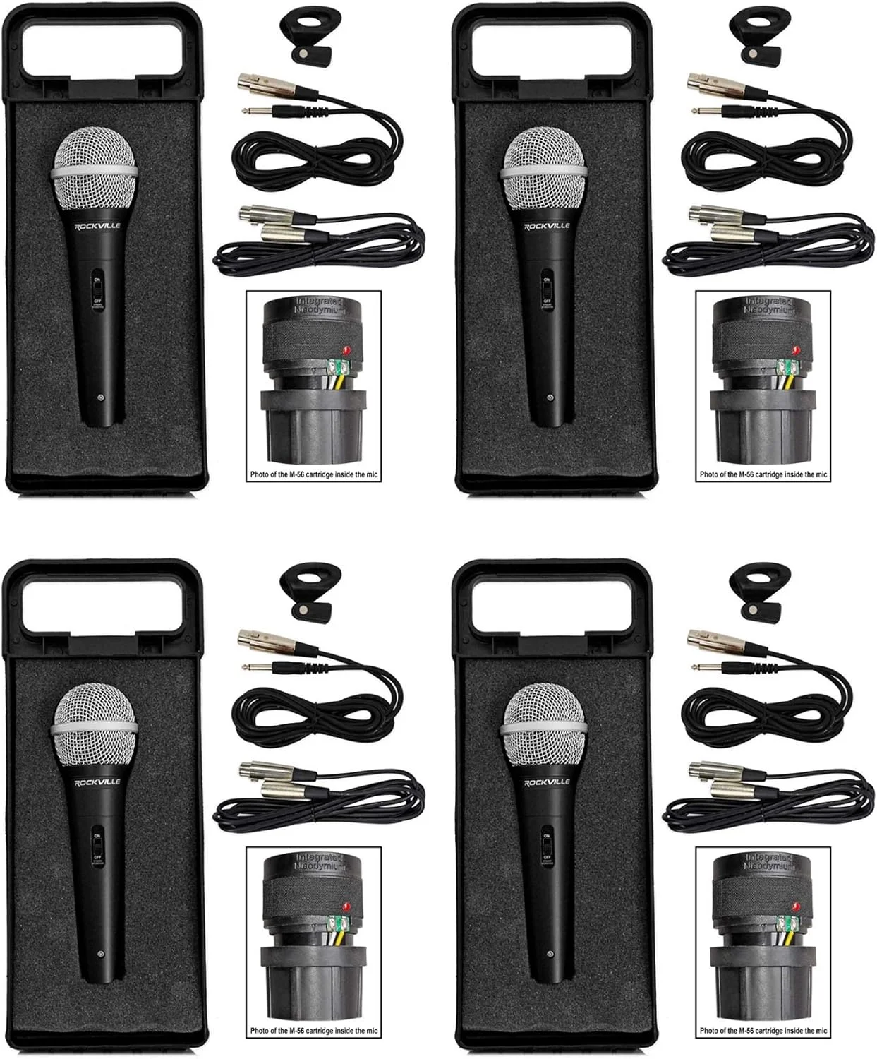 میکروفون داینامیک سوپر کاردیوئید Rockville RMM-XLR، 600 اهم، بدنه فلزی، کلید روشن/خاموش، کابل XLR 3 متری، روکش مشکی، برای اجراهای زنده و وکال، 4 عدد