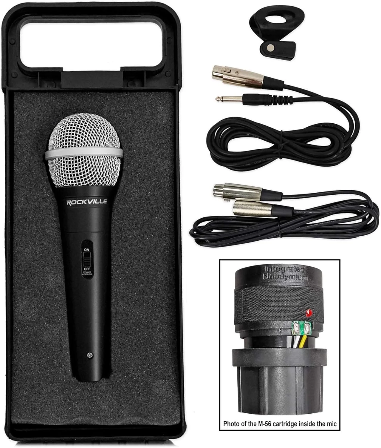 میکروفون داینامیک سوپر کاردیوئید Rockville RMM-XLR، 600 اهم، بدنه فلزی، کلید روشن/خاموش، کابل XLR 3 متری، روکش مشکی، برای اجراهای زنده و وکال، 4 عدد