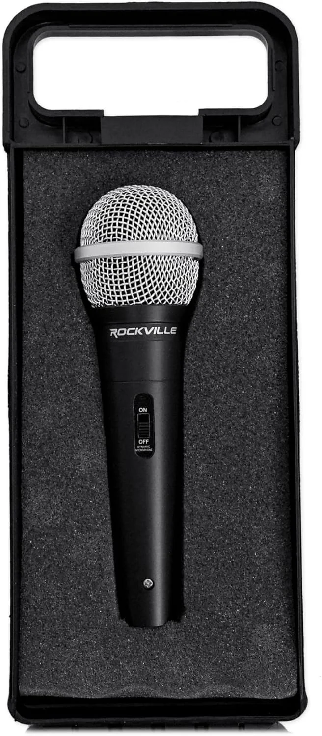 میکروفون داینامیک سوپر کاردیوئید Rockville RMM-XLR، 600 اهم، بدنه فلزی، کلید روشن/خاموش، کابل XLR 3 متری، روکش مشکی، برای اجراهای زنده و وکال، 4 عدد