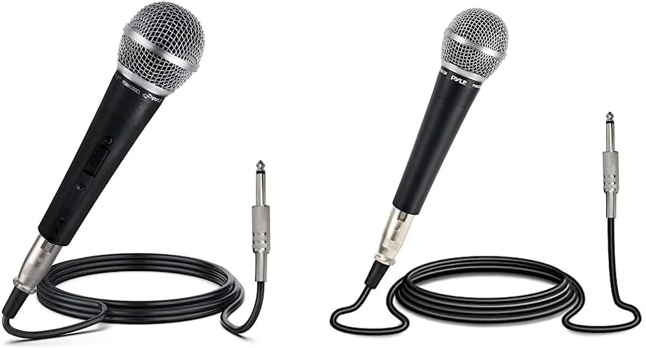 میکروفون حرفه ای داینامیک وکال Pyle - میکروفون دستی کاردیوئید یک جهته با سیم پیچ متحرک و اتصال صوتی XLR به 1/4 اینچ 15 فوتی، اتصال دهنده، مشکی