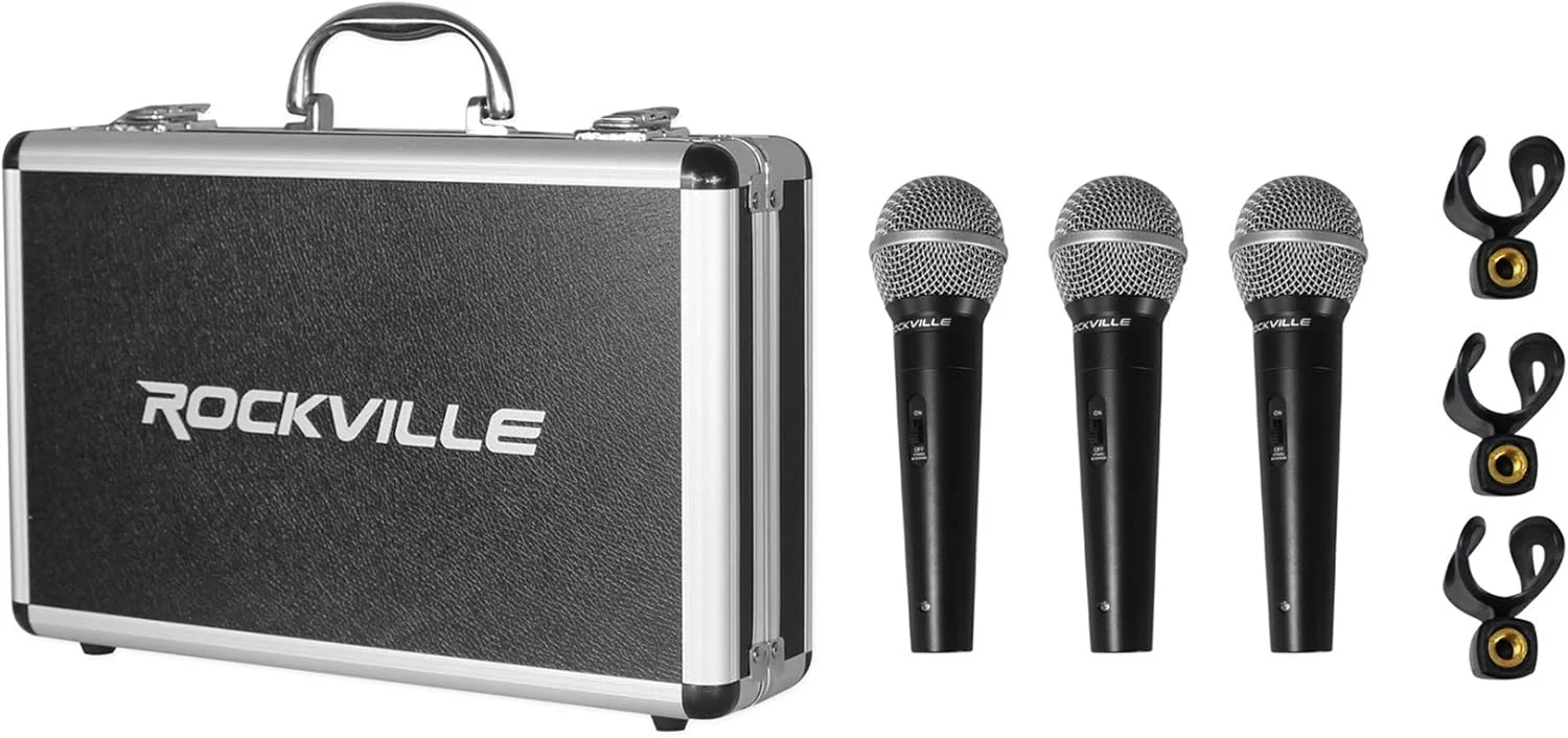 بسته 3 عددی میکروفون داینامیک Rockville RMC-3PK، تک جهته، بدنه فلزی، XLR، صدای شفاف، نویز پس زمینه کم، کیف بادوام، برای وکال، سازها، دی جی ها