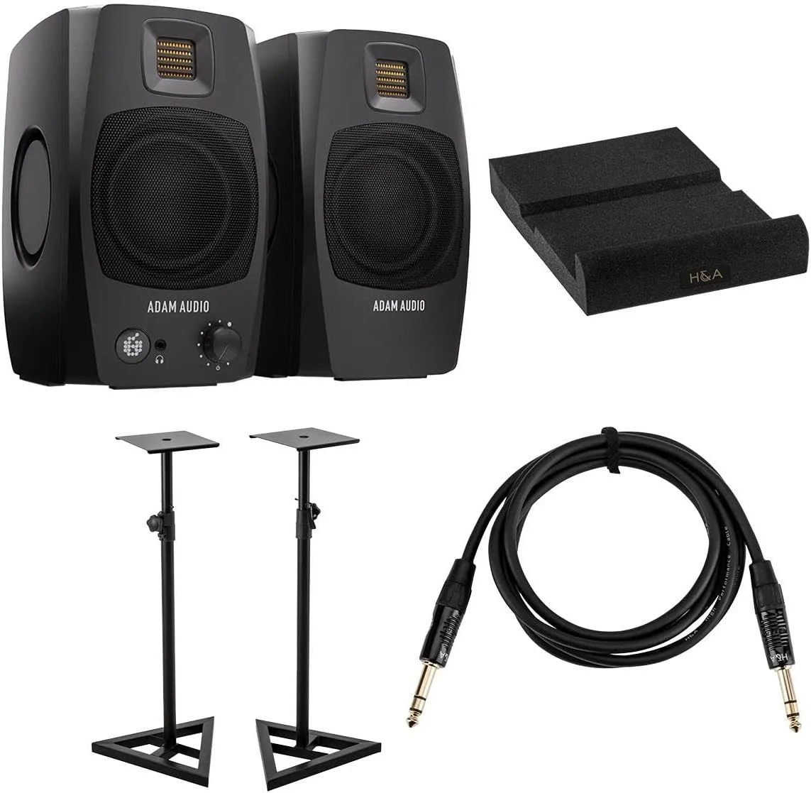 مانیتور دسکتاپ ADAM Audio D3V 3.5 اینچی 80 واتی، جفت، مشکی، همراه با 2 عدد پایه مانیتور استودیو، کابل اتصال Platinum Pro 6 فوتی و پد ایزولاسیون