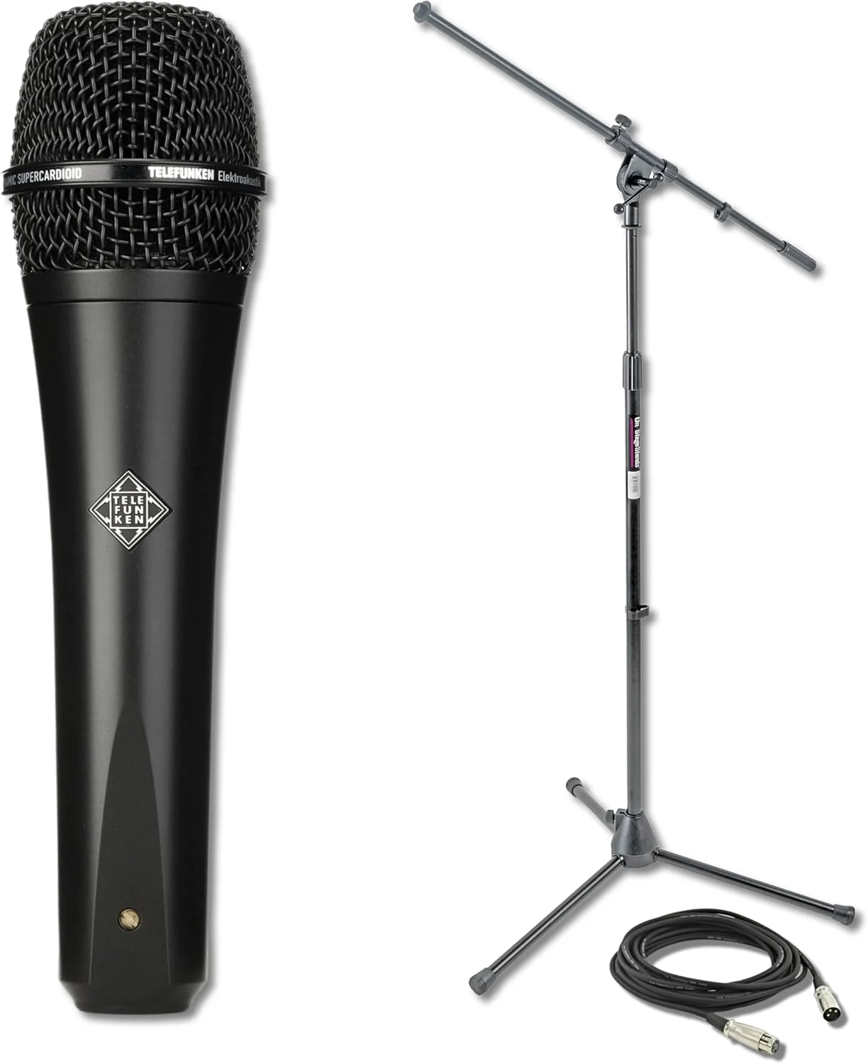 میکروفون دستی داینامیک تلفنکن مدل M80 مشکی به همراه پایه میکروفون بوم On-Stage MS7701B و کابل XLR حرفه ای