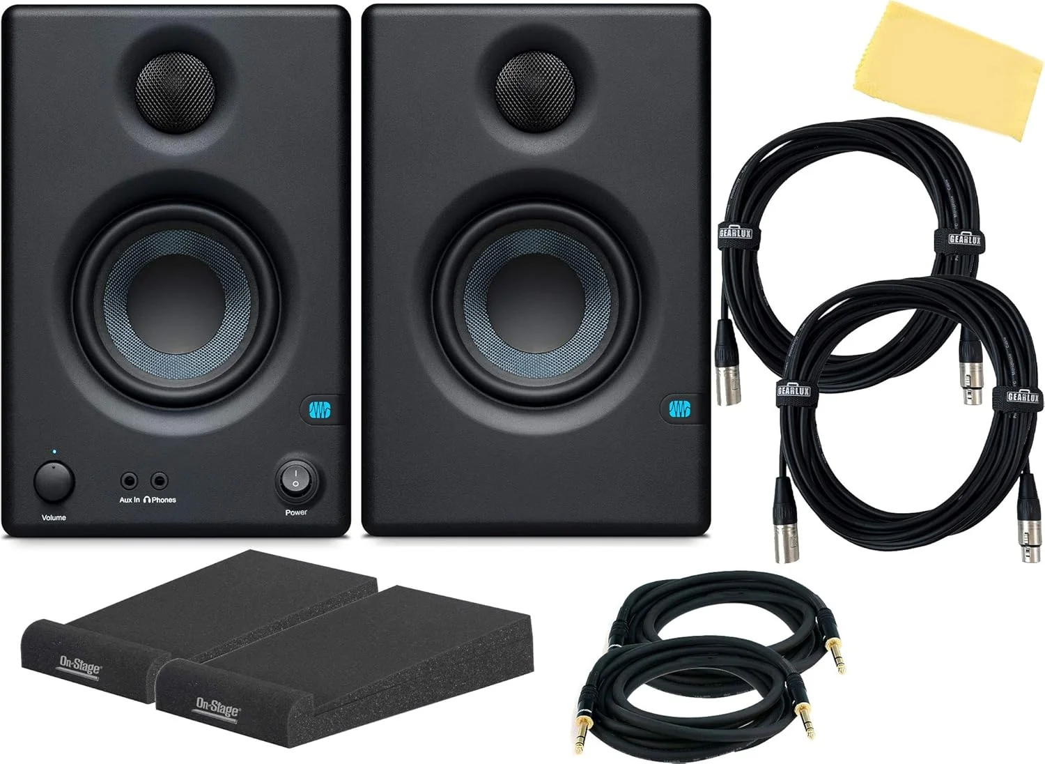 باندل اسپیکر مانیتور استودیویی PreSonus Eris E3.5 همراه با پدهای ایزوله، کابل‌های XLR، کابل‌های TRS و پارچه پولیش Austin Bazaar