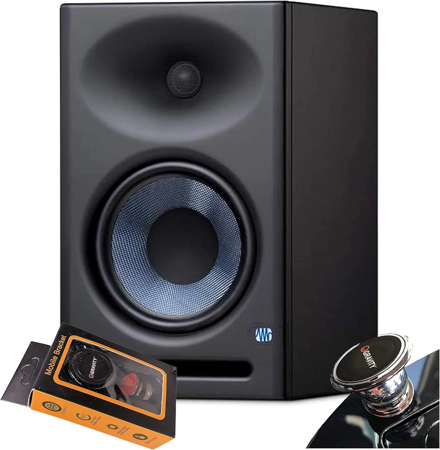 مانیتور استودیویی اکتیو 8 اینچی PreSonus Eris E8 XT با ووفر کامپوزیت بافته شده، تیوتر 1.25 اینچی ابریشمی، موجبر EBM و کنترل های تنظیم آکوستیک به همراه هولدر مغناطیسی موبایل