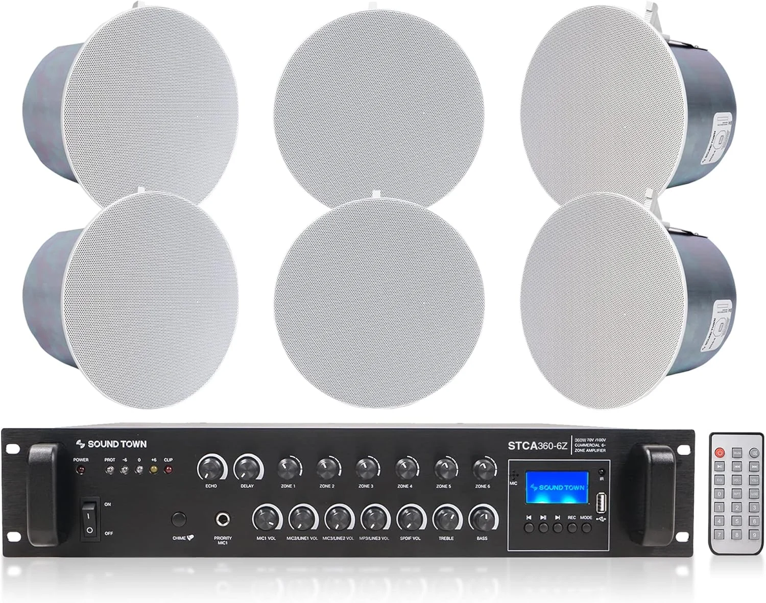 سیستم آمپلی‌فایر تجاری 6-زون 70V/100V و سیستم بلندگوی سقفی 6 اینچی Sound Town، برای رستوران‌ها، بارها، کافه‌ها، مدارس، کلیساها، سفید
