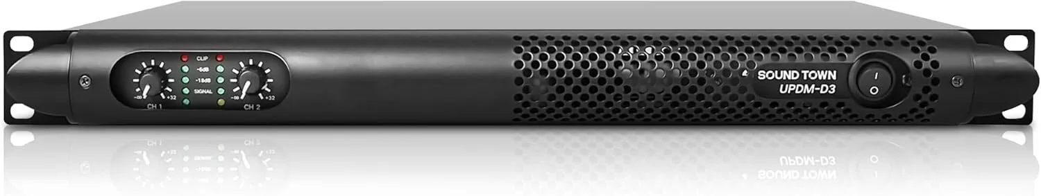 آمپلی فایر قدرت PA/DJ دو کاناله سبک وزن Sound Town 1U، 2 x 1150W در 4 اهم برای نصب و کنفرانس (UPDM-D3)