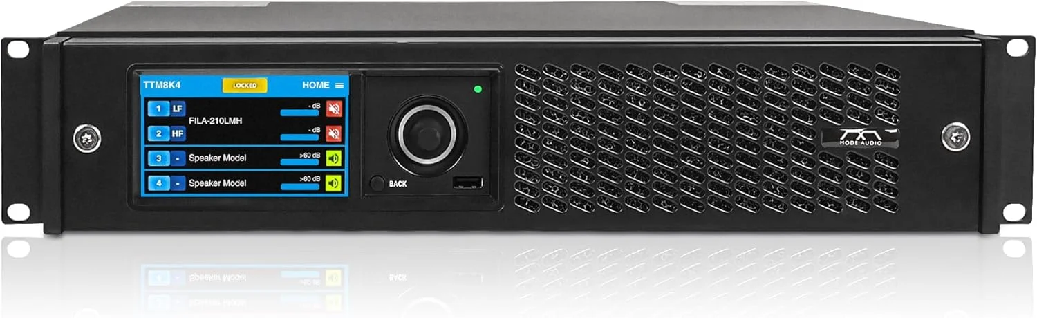 آمپلی فایر صوتی 4 کاناله کلاس D مدل Sound Town MODE Audio مناسب PA/DJ، دارای DSP، Dante، FIR، منبع تغذیه PFC، توان خروجی 4 x 2000W RMS در 4Ω، پایداری در 2Ω، نرم افزار ARMONÍA PLUS، پشتیبانی از Q-SYS (TTM8K4) ساخت ایتالیا