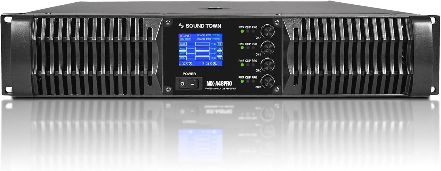 آمپلی فایر قدرت 4 کاناله PA DJ کلاس AB توان بالا ساند تاون 4 x 1800W در 4 اهم، قابل نصب در رک 2U با نمایشگر LCD (NIX-A48PRO)