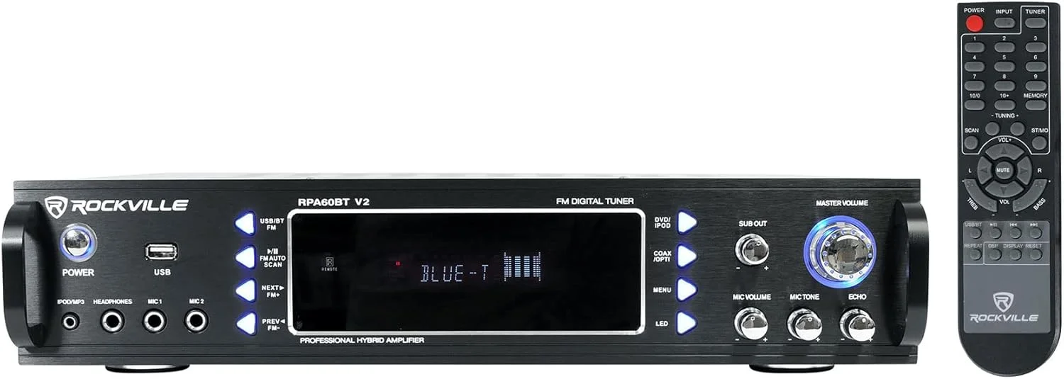 میکسر آمپلی فایر 2 کاناله 1000 واتی Rockville RPA60BT V2، بلوتوث، USB، ورودی میکروفون، کنترل EQ، برای دی جی و کارائوکه