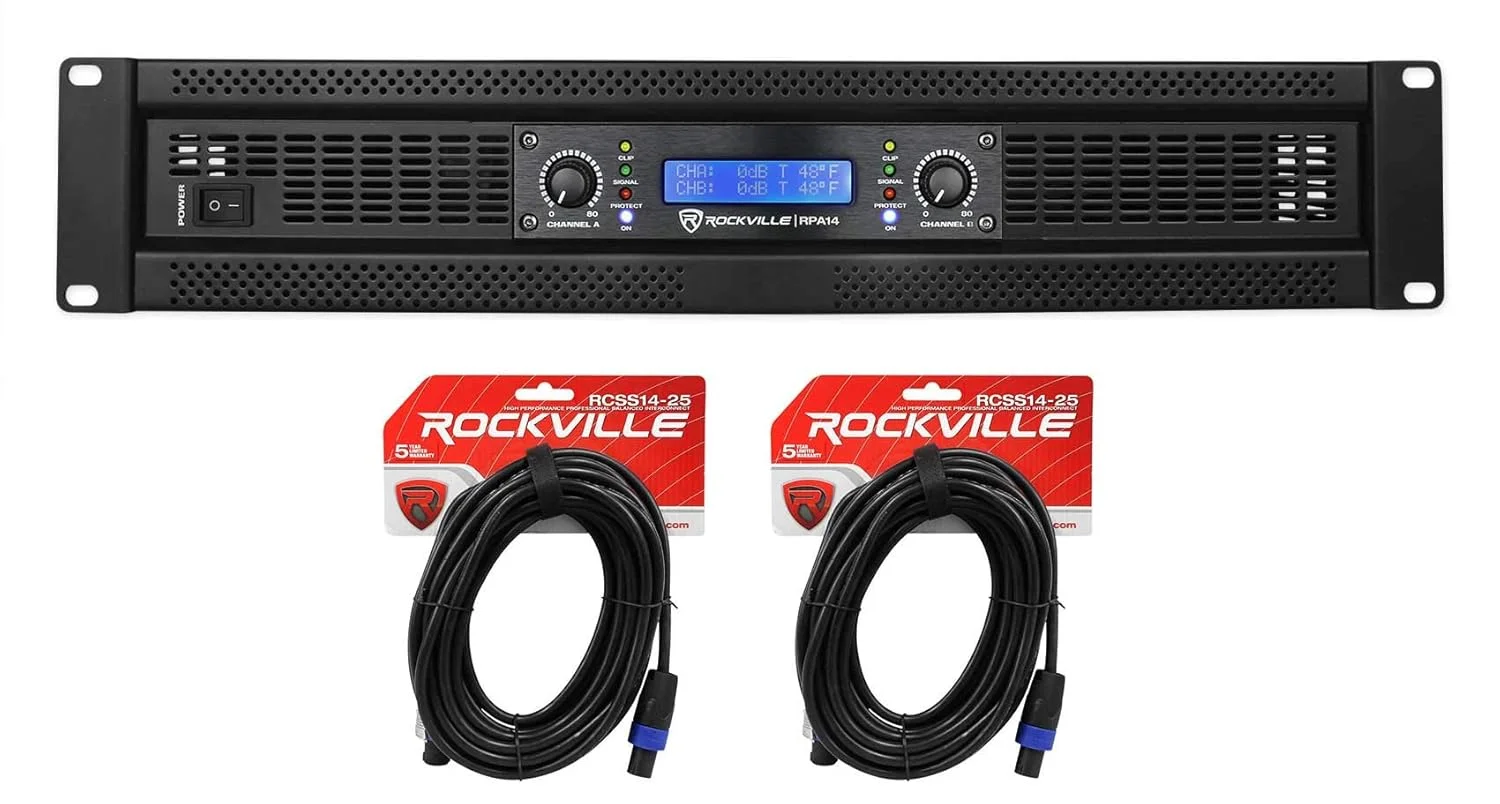 آمپلی فایر قدرت Rockville RPA14، حداکثر توان 7000 وات، توان اسمی 2000 وات، 2 کانال، مناسب حرفه ای ها و دی جی ها + کابل