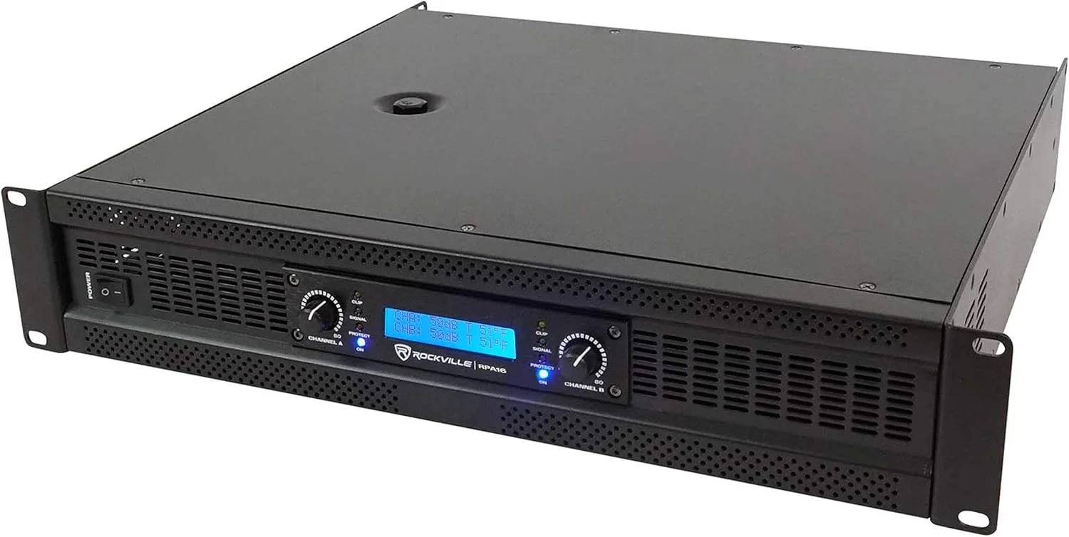 آمپلی فایر قدرت 2 کاناله Rockville RPA16 با توان پیک 10000 وات / توان RMS 3000 وات، قابل پل زدن، دارای کراس اوور داخلی، لیمیتر، نمایشگر LCD، خروجی های XLR/اسپیکون/بنانا، برای صدای حرفه ای و دی جی