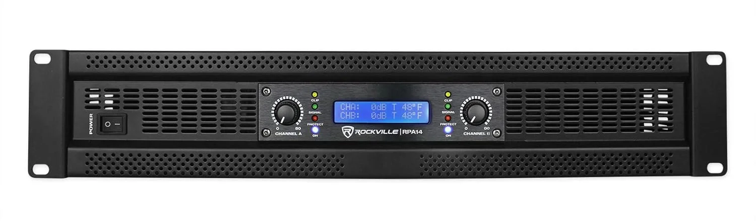 آمپلی فایر قدرت Rockville RPA14، حداکثر توان 7000 وات، توان اسمی 2000 وات، 2 کانال، مناسب حرفه ای ها و دی جی ها + کابل