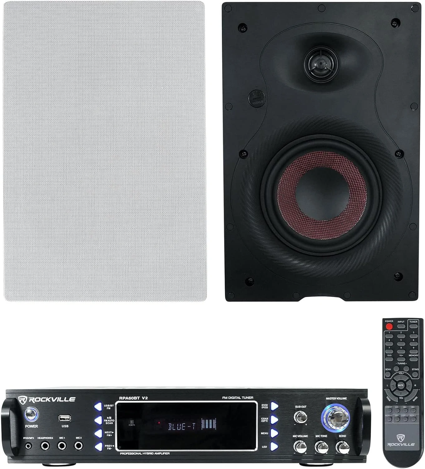 باندل Rockville RPA60BT V2: آمپلی فایر گیرنده خانگی 1000 واتی USB بلوتوث 2 کاناله، (2) جفت بلندگوهای دیواری خانگی WA658 6.5 اینچی با ووفر مخروطی فایبر گلاس و تیوتر گنبدی ابریشمی، 3 تکه
