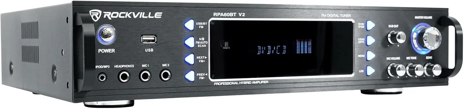 باندل Rockville RPA60BT V2: آمپلی فایر گیرنده خانگی 1000 واتی USB بلوتوث 2 کاناله، (2) جفت بلندگوهای دیواری خانگی WA658 6.5 اینچی با ووفر مخروطی فایبر گلاس و تیوتر گنبدی ابریشمی، 3 تکه