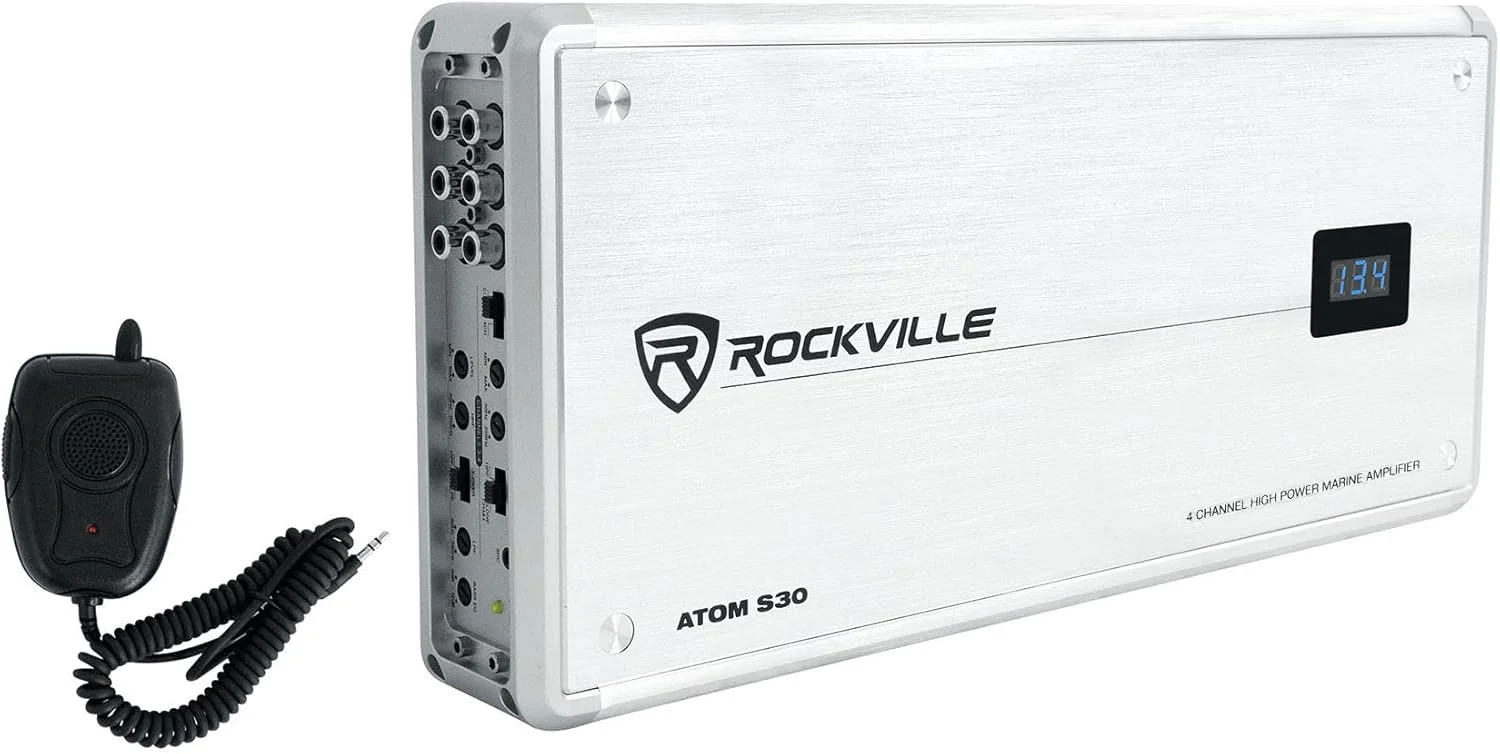 آمپلی فایر دریایی 4 کاناله 2400 واتی Rockville Atom S30، 2/4 اهم، ولت متر، میکروفون PA، برای قایق ها و سیستم های صوتی دریایی