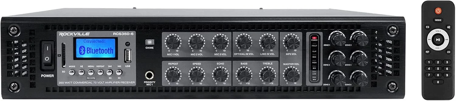 پکیج آمپلی فایر تجاری/رستورانی بلوتوث Rockville RCS350-6 350 وات 6 زون 70 ولت به همراه (8) بلندگوی دیواری 70 ولت 4 اینچی سفید D4-70