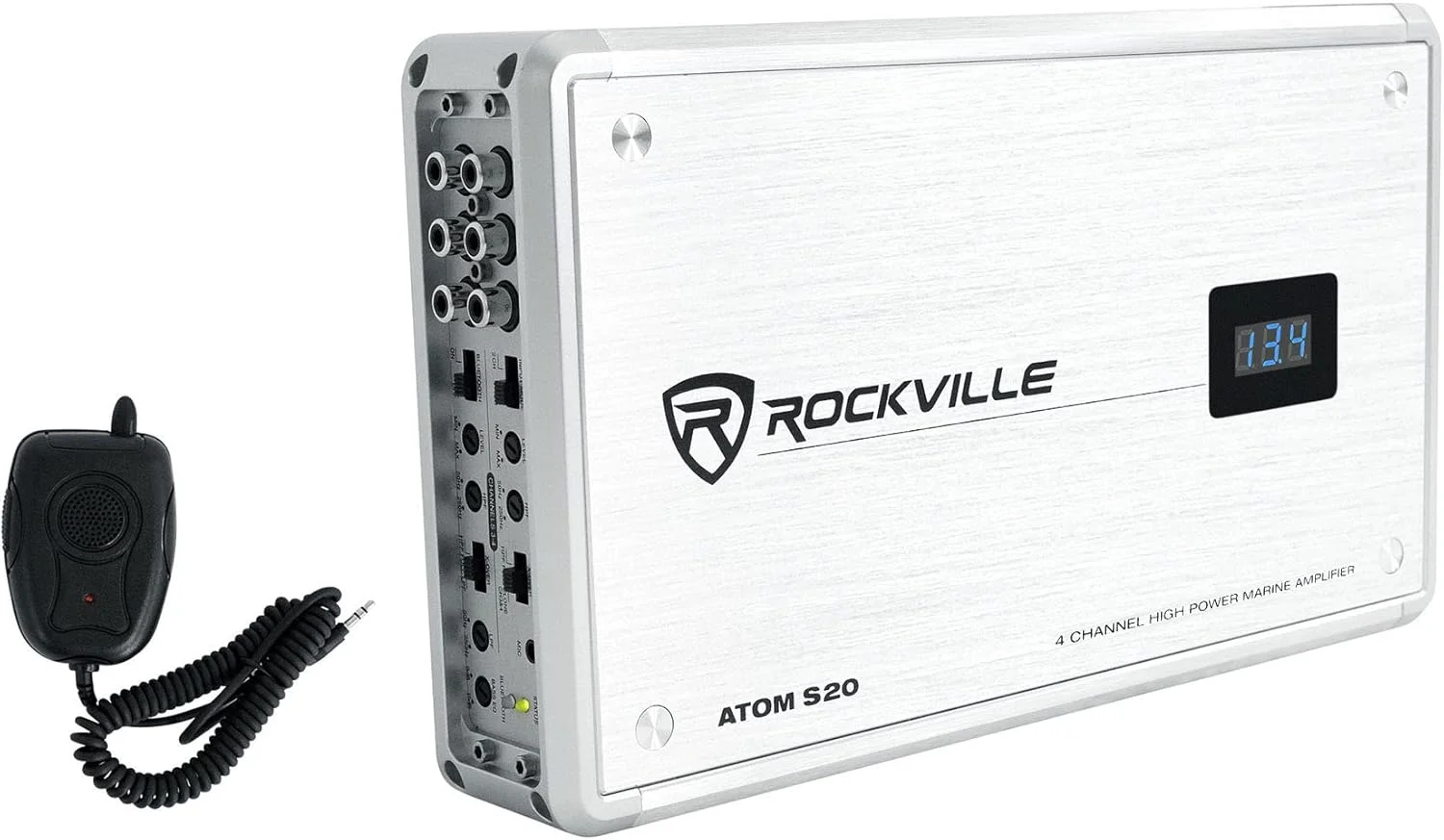 آمپلی فایر دریایی 4 کاناله 1600 واتی Rockville Atom S20 با بلوتوث، میکروفون PA، کلاس AB، کراس اوور قابل تنظیم، ضد زنگ، برای قایق ها و سیستم های صوتی دریایی