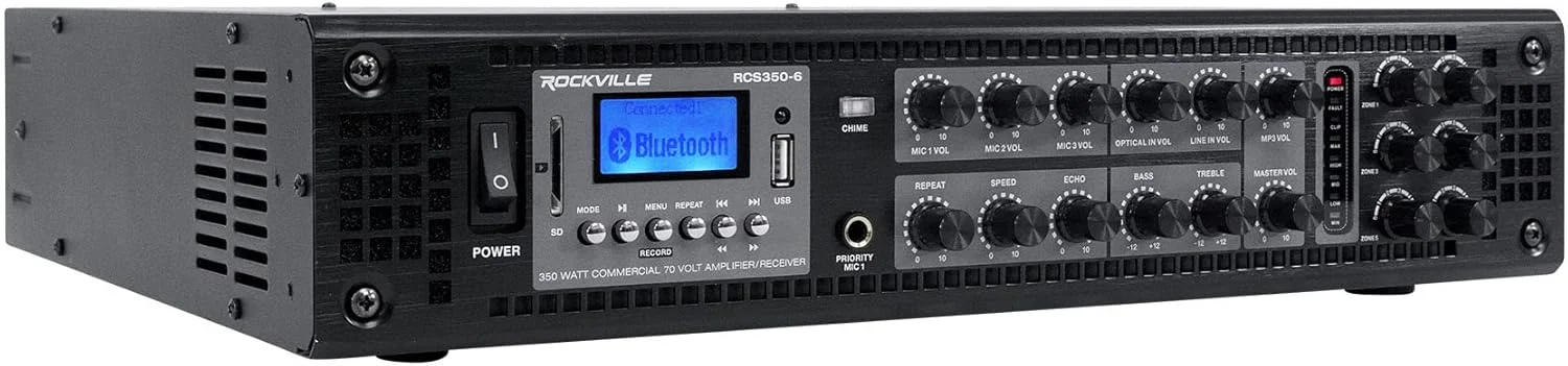 پکیج آمپلی فایر تجاری/رستورانی بلوتوث Rockville RCS350-6 350 وات 6 زون 70 ولت به همراه (8) بلندگوی دیواری 70 ولت 4 اینچی سفید D4-70