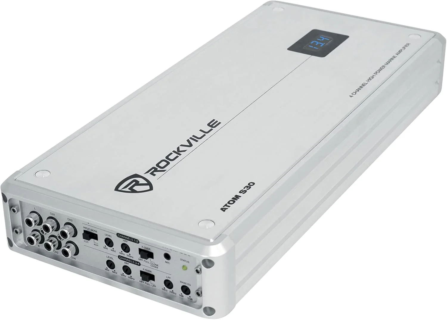 آمپلی فایر دریایی 4 کاناله 2400 واتی Rockville Atom S30، 2/4 اهم، ولت متر، میکروفون PA، برای قایق ها و سیستم های صوتی دریایی