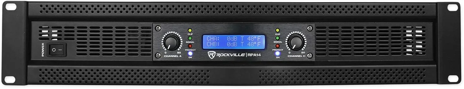 آمپلی فایر قدرت 2 کاناله Rockville RPA14 با توان پیک 7000 وات / توان مداوم 2000 وات، حالت های بریج/استریو/موازی، سوییچ کراس اوور، نمایشگر LCD، مناسب برای دی جی های حرفه ای و صدای زنده