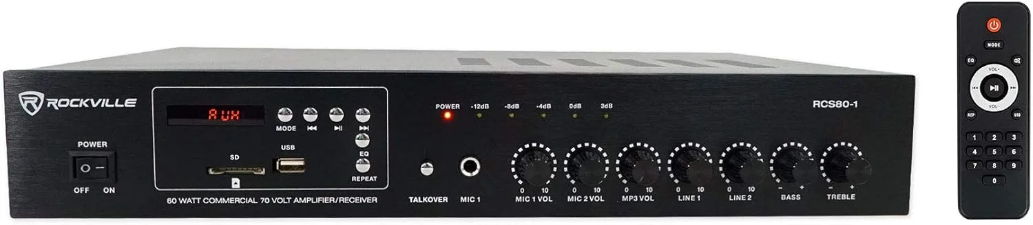 بسته راکویل RCS80-1: آمپلی‌فایر/گیرنده تجاری 60 واتی 70 ولت با بلوتوث و (2) بلندگوی آویز سقفی سفید 5.25 اینچی 70 ولت مدل PEN-525T، مناسب برای رستوران‌ها، بارها، کافه‌ها، 3 تکه