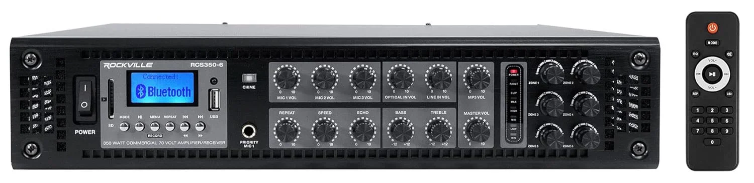 راکویل RCS350-6 آمپلی فایر تجاری/رستورانی 350 واتی 6 زون 70 ولت / بلوتوث همراه با (12) بلندگوی آویز مشکی 4 اینچی 70 ولت مدل PEN-40T