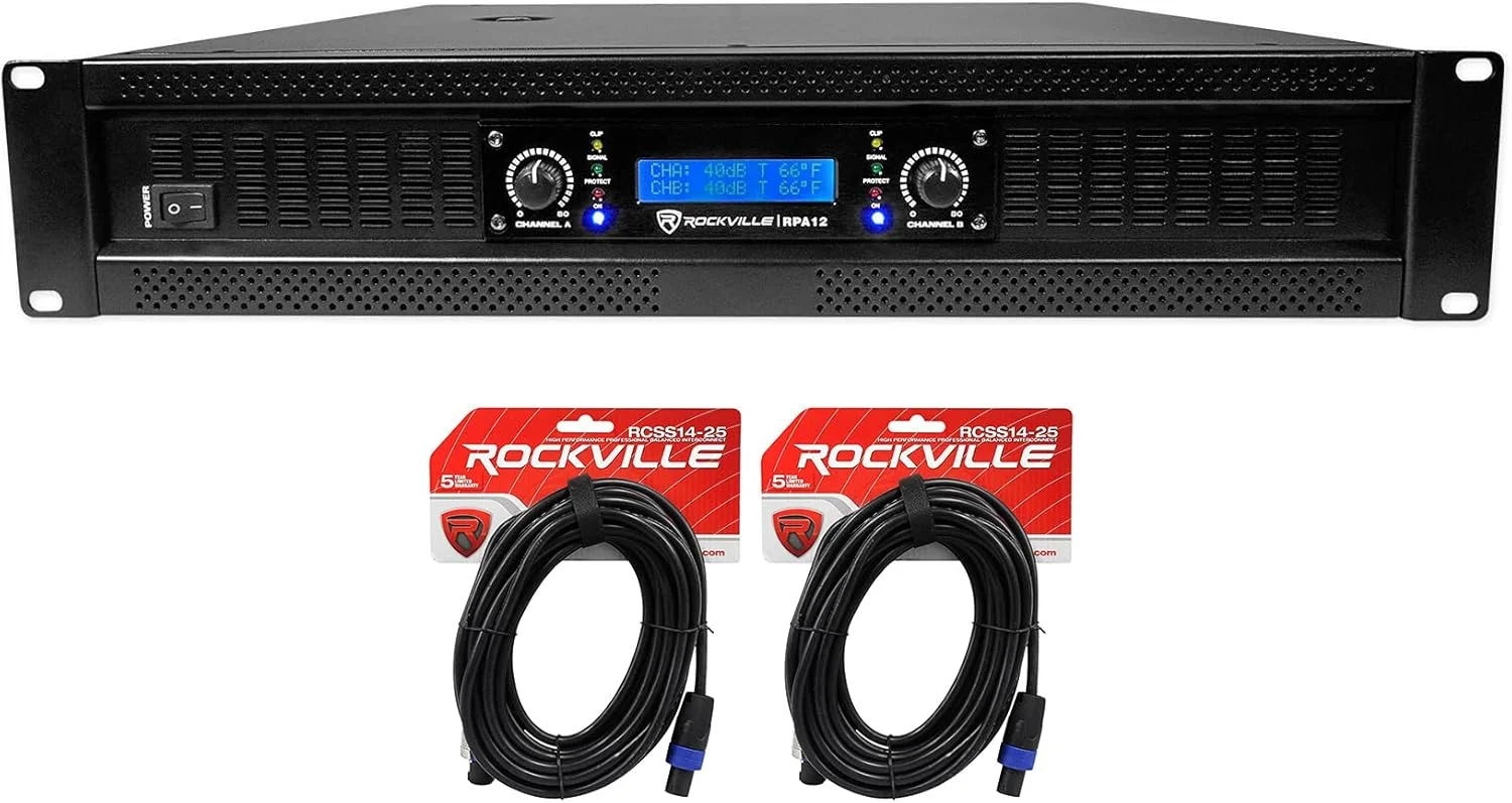 پکیج آمپلی فایر حرفه ای دو کاناله Rockville RPA12 با توان پیک 5000 وات / توان مداوم 1400 وات به همراه کابل اسپیکون به اسپیکون Rockville RCSS1425 به طول 25 فوت با گیج 14 AWG و 100% مس