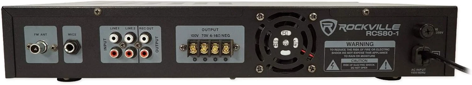 بسته راکویل RCS80-1: آمپلی‌فایر/گیرنده تجاری 60 واتی 70 ولت با بلوتوث و (2) بلندگوی آویز سقفی سفید 5.25 اینچی 70 ولت مدل PEN-525T، مناسب برای رستوران‌ها، بارها، کافه‌ها، 3 تکه
